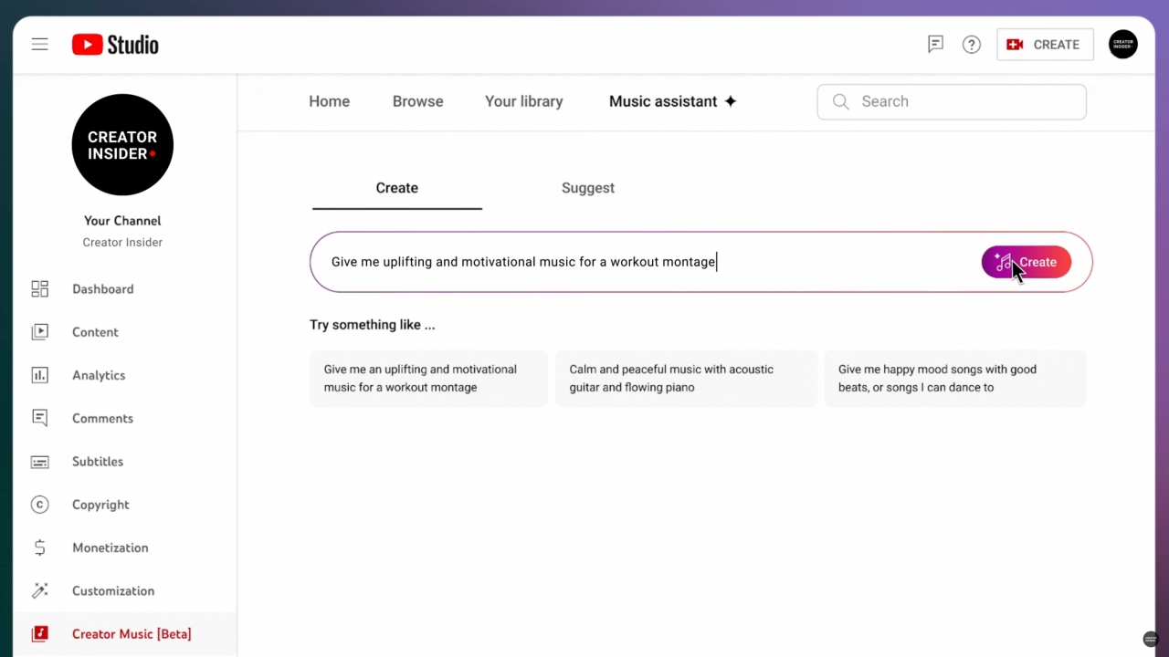YouTube Studio 仪表板中的 Music assistant 标签页截图